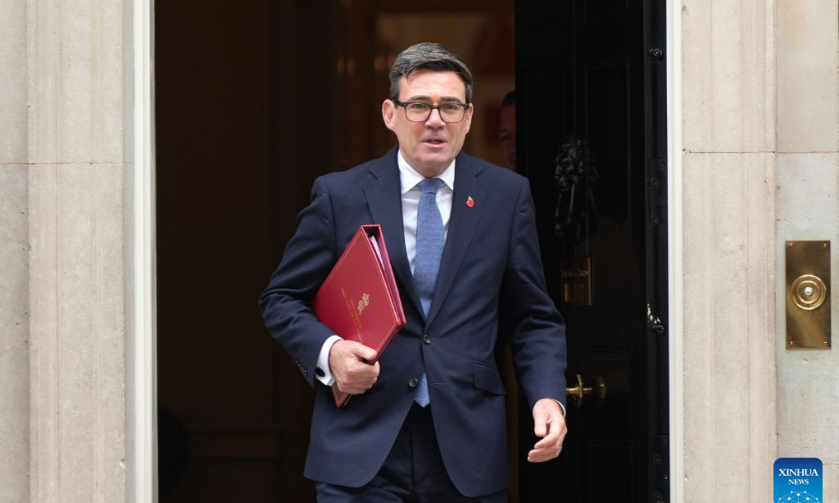 British Prime Minister Andy Burnham walks out of 10 Downing Street in London, Britain, Oct. 28, 2026. Britain would provide 10 billion pounds (13 billion U.S. dollars) of additional economic and military support to Ukraine, said British Chancellor of the Exchequer John Healey on Wednesday. (Xinhua/Zhang Feng)