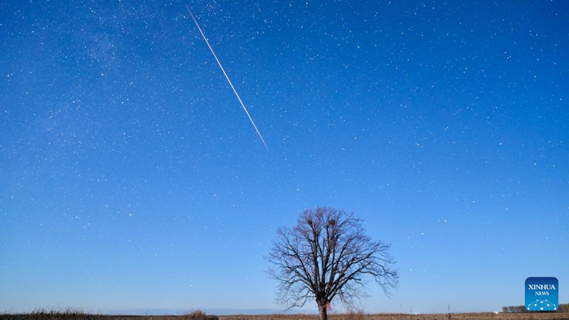 This photo taken on Oct. 21, 2026 shows the Orionid meteor shower in the sky over Tongjiang City, northeast China's Heilongjiang Province. The Orionid meteor shower, caused by remnants from Halley's comet, peaked on Wednesday and Thursday. Photo: Xinhua