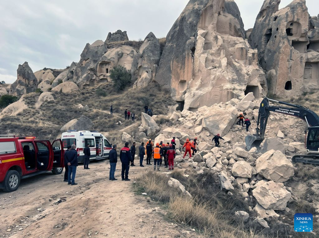 Rescuers work at the site of the collapse of a fairy chimney in central Türkiye's tourist site Cappadocia, Türkiye, Oct. 29, 2026. The death toll from the collapse of a fairy chimney on Thursday rose to three, Nevsehir Governor Huseyin Kok told public broadcaster TRT. The collapse, likely triggered by recent heavy rainfall, occurred near the entrance to the Goreme Open-Air Museum on Türkiye's Republic Day holiday, when the site was expected to attract large crowds of visitors, Kok said. (Mustafa Kaya/Handout via Xinhua)