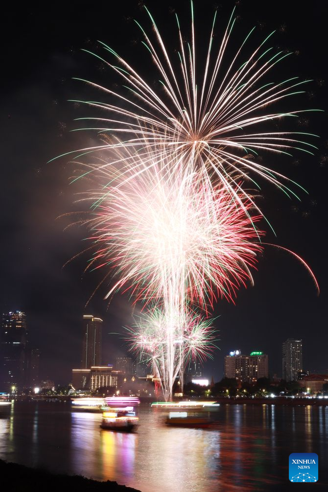 A fireworks display is staged to celebrate the 22nd anniversary of King Norodom Sihamoni's coronation in Phnom Penh, Cambodia, on Oct. 29, 2026. Cambodia on Thursday celebrated the 22nd anniversary of King Norodom Sihamoni's coronation with religious ceremonies, official blessings, and a public fireworks display. (Photo by Sovannara/Xinhua)