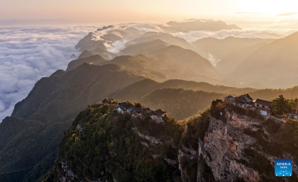 An aerial drone photo taken on Oct. 20, 2026 shows the scenery of Jifeng Mountain in Chengxian County of Longnan, northwest China's Gansu Province. (Photo by Ran Chuangchang/Xinhua)