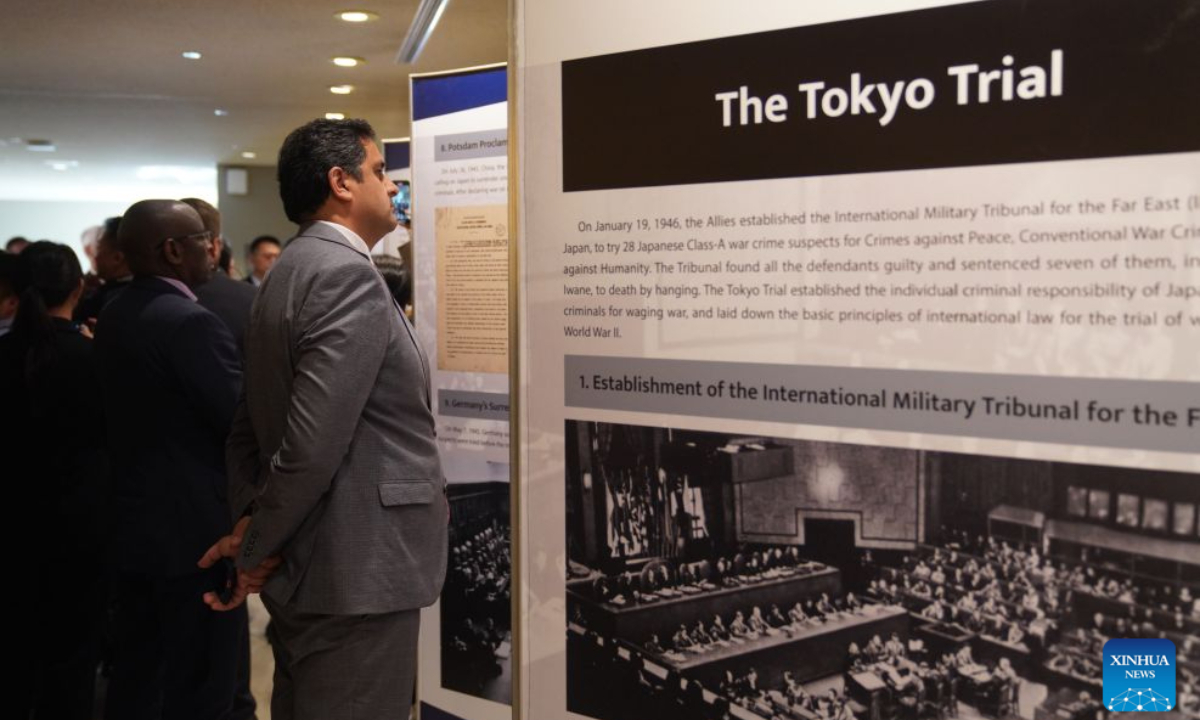 People view exhibits at an exhibition marking the 80th anniversary of the opening of the Tokyo Trial at the UN Headquarters in New York, Oct. 26, 2026. An exhibition marking the 80th anniversary of the opening of the Tokyo Trial opened at UN Headquarters in New York on Monday. Titled Justice and Peace for All Humanity, the exhibition features historical photographs, archival documents and publications on the investigation and prosecution of Japanese war crimes during World War II. (Xinhua/Zhang Fengguo)