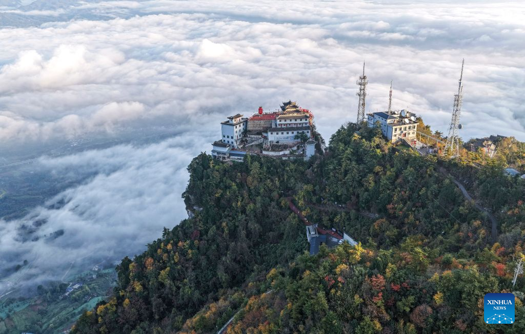 An aerial drone photo taken on Oct. 20, 2026 shows the scenery of Jifeng Mountain in Chengxian County of Longnan, northwest China's Gansu Province. (Photo by Ran Chuangchang/Xinhua)