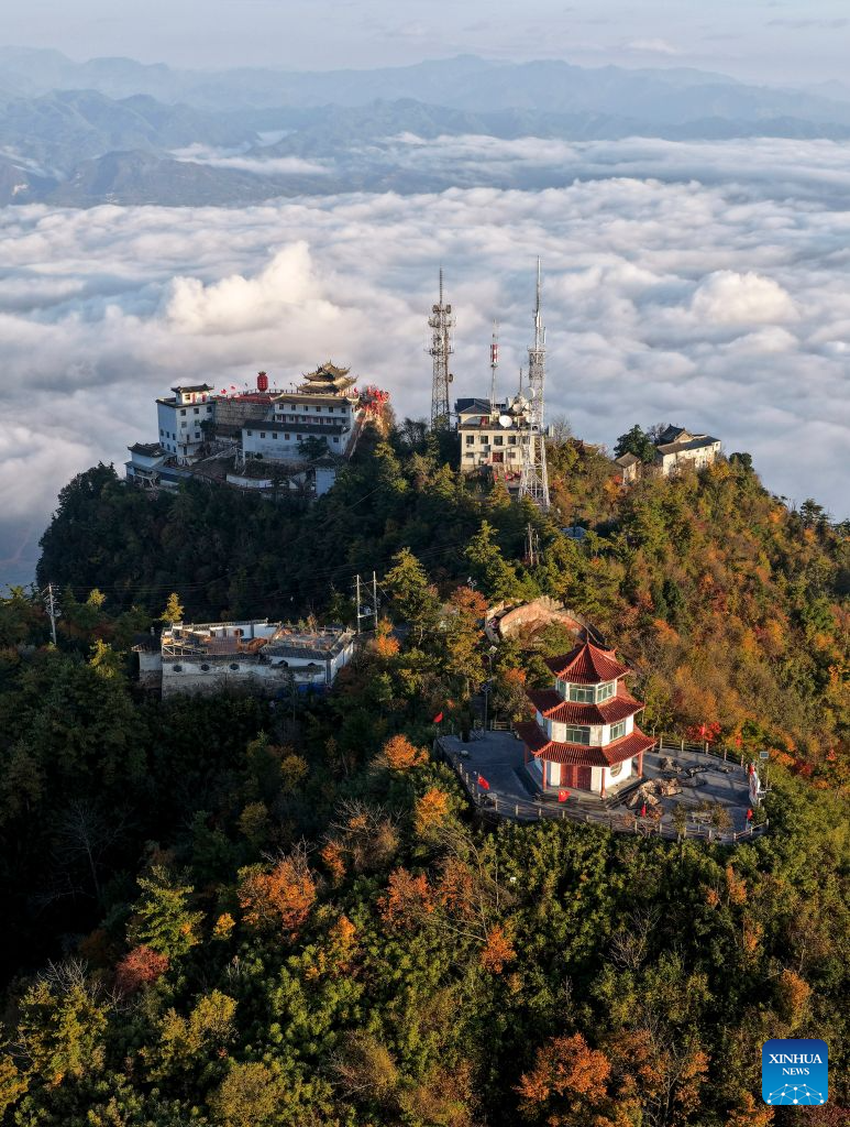 An aerial drone photo taken on Oct. 20, 2026 shows the scenery of Jifeng Mountain in Chengxian County of Longnan, northwest China's Gansu Province. (Photo by Ran Chuangchang/Xinhua)
