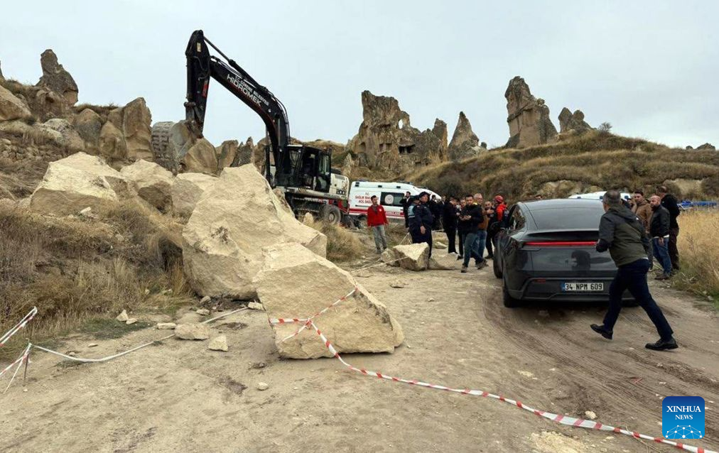 Rescuers work at the site of the collapse of a fairy chimney in central Türkiye's tourist site Cappadocia, Türkiye, Oct. 29, 2026. The death toll from the collapse of a fairy chimney on Thursday rose to three, Nevsehir Governor Huseyin Kok told public broadcaster TRT. The collapse, likely triggered by recent heavy rainfall, occurred near the entrance to the Goreme Open-Air Museum on Türkiye's Republic Day holiday, when the site was expected to attract large crowds of visitors, Kok said. (Mustafa Kaya/Handout via Xinhua)