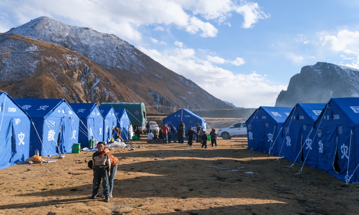 Relief tents for relocated villagers are seen at a temporary shelter in Maru Township, Baqen County, Southwest China's Xizang Autonomous Region, on October 23, 2026. Photo: VCG