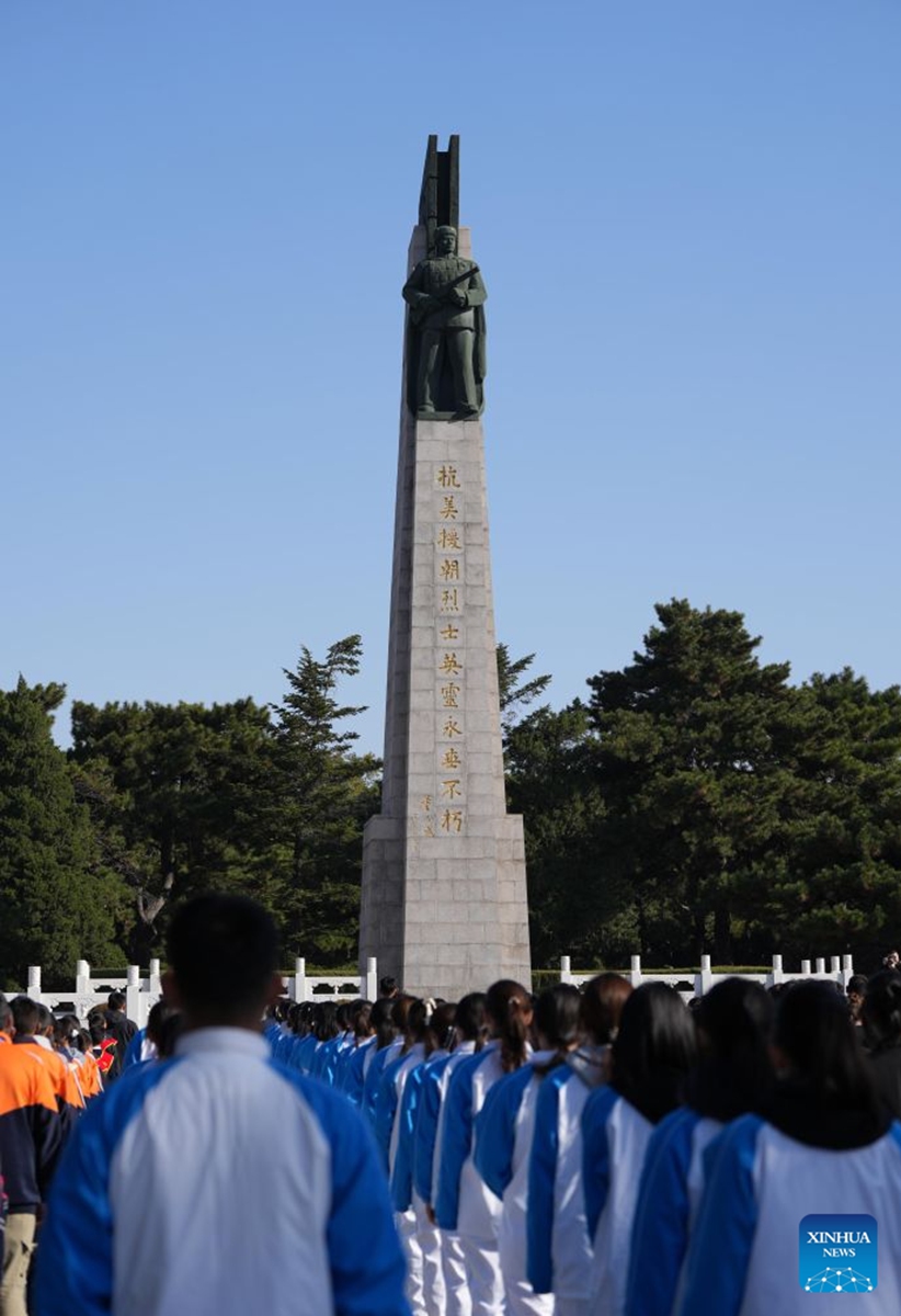 Representatives from all walks of life attend a commemorative activity, marking the 76th anniversary of the Chinese People's Volunteers' (CPV) entering the Democratic People's Republic of Korea to fight in the War to Resist U.S. Aggression and Aid Korea, at the CPV martyrs' cemetery in Shenyang, northeast China's Liaoning Province, Oct. 25, 2026. The event was held here on Sunday. (Xinhua/Li Gang)