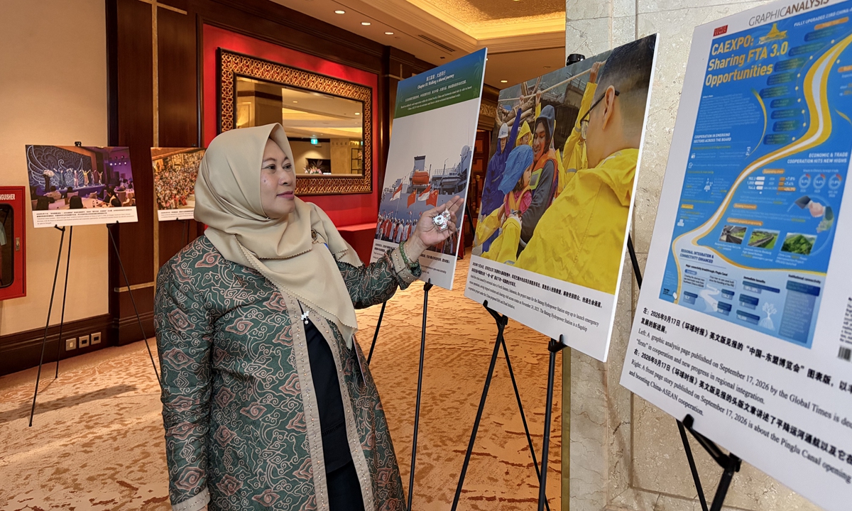 Shobichatul Aminah, head of the Center for Strategic and Global Studies, Graduate School of Sustainable Development, the University of Indonesia, looks at the photos at the Global Times' photo exhibition in Jakarta on October 19, 2026. Photo: Yu Jincui/GT