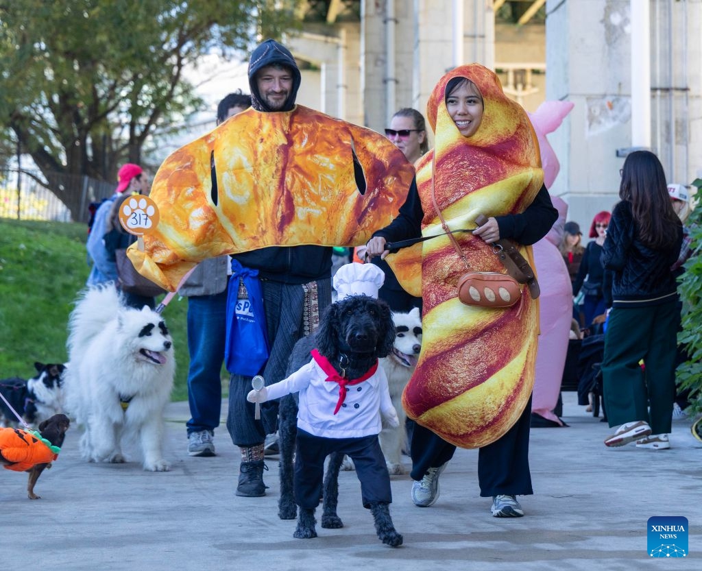 A dog and its owners take part in Howl'oween at the Bentway, a dog-and-owner costume contest, in Toronto, Canada, on Oct. 24, 2026. The annual event was held here on Saturday, bringing Halloween fun for dogs and their owners. (Photo by Zou Zheng/Xinhua)