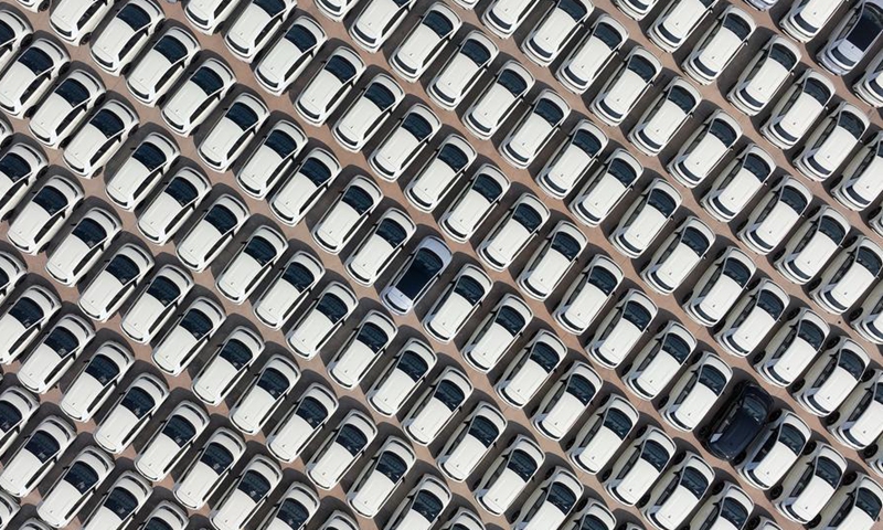 This aerial drone photo taken on Sept. 9, 2026 shows vehicles to be exported at the BYD Fuzhou base in Fuzhou, east China's Jiangxi Province. (Xinhua/Wan Xiang)
