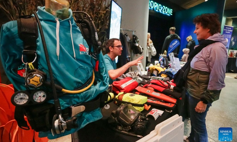 Diving equipment is displayed during Divers' Weekend at the Vancouver Aquarium in Vancouver, British Columbia, Canada, on Oct. 24, 2026. The two-day event, which opened here on Saturday, brings together diving professionals and organizations and features diving equipment displays, underwater demonstrations and expert talks aimed at promoting diving safety and preparedness. (Photo by Liang Sen/Xinhua)