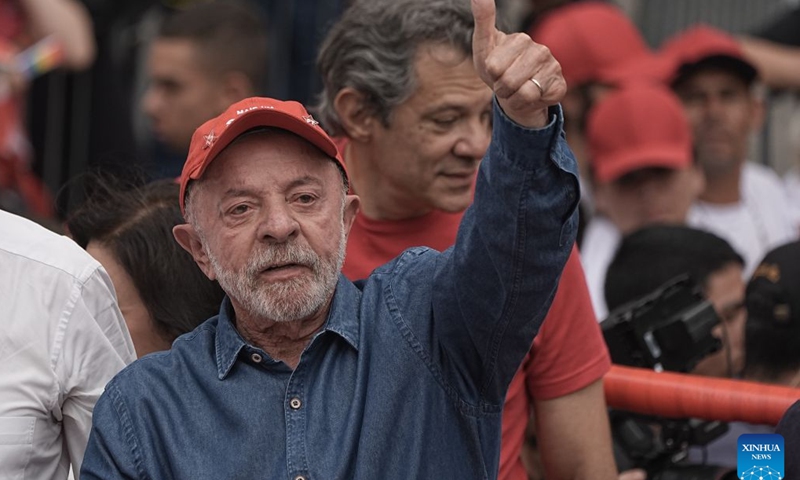 Brazilian President Luiz Inacio Lula da Silva, presidential candidate of Brazil's ruling Workers' Party, attends a presidential campaign rally in Sao Paulo, Brazil, Oct. 24, 2026. Brazilian incumbent President and presidential candidate of Brazil's ruling Workers' Party Luiz Inacio Lula da Silva, and presidential candidate of Brazil's Liberal Party Flavio Bolsonaro held the last campaign rally on Saturday in Sao Paulo and Rio de Janeiro, respectively. The second round of voting for Brazil's 2026 presidential election will be held on Sunday. (Photo by Paulo Lopes/Xinhua)