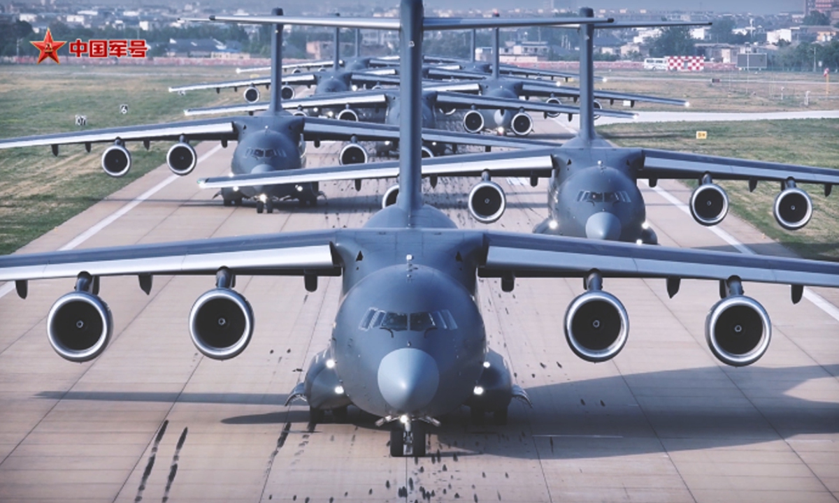 Y-20B large transport aircraft sit on the tarmac. File photo: Official WeChat account of China Bugle