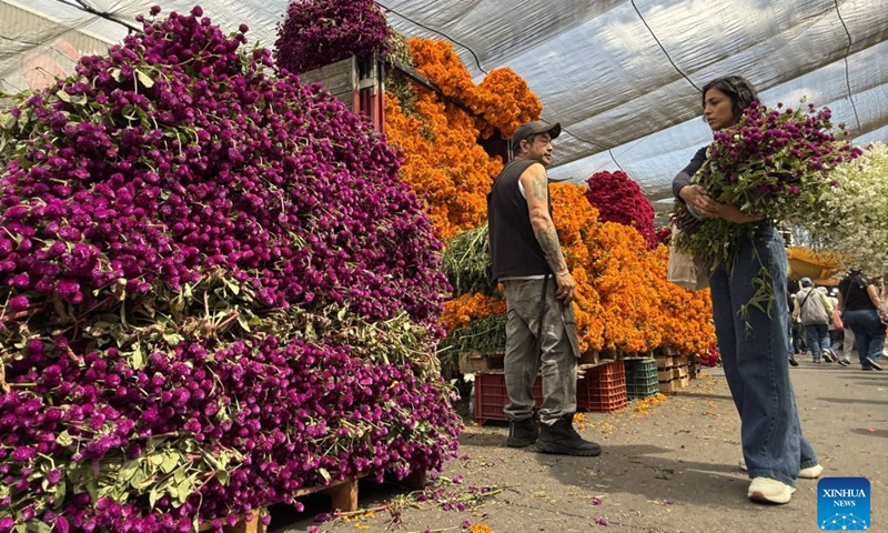 This photo taken with a mobile phone shows people buying flowers ahead of the traditional Day of the Dead celebrations at a market in Mexico City, Mexico, Oct. 24, 2026. (Xinhua/Wu Wei)