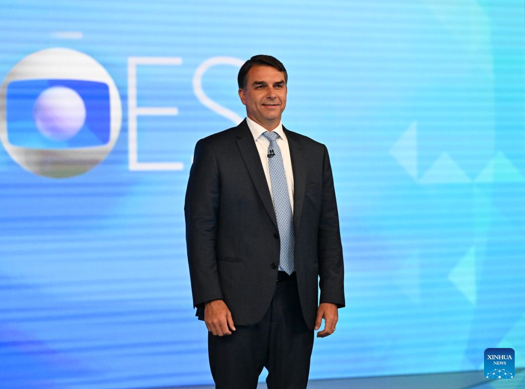 Brazilian Senator Flavio Bolsonaro, presidential candidate of Brazil's Liberal Party, attends a televised debate with Brazilian President Luiz Inacio Lula da Silva (not in the picture), presidential candidate of Brazil's ruling Workers' Party, in Rio de Janeiro, Brazil, Oct. 23, 2026. 