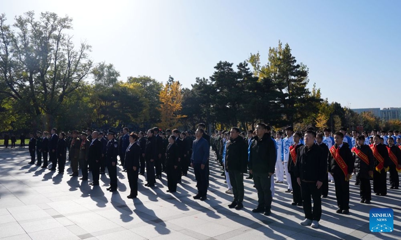 Representatives from all walks of life attend a commemorative activity, marking the 76th anniversary of the Chinese People's Volunteers' (CPV) entering the Democratic People's Republic of Korea to fight in the War to Resist U.S. Aggression and Aid Korea, at the CPV martyrs' cemetery in Shenyang, northeast China's Liaoning Province, Oct. 25, 2026. The event was held here on Sunday. (Xinhua/Li Gang)