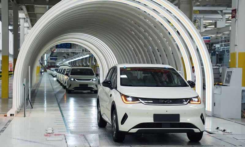 This photo taken on Sept. 9, 2026 shows an assembly line at the BYD Fuzhou base in Fuzhou, east China's Jiangxi Province. (Xinhua/Wan Xiang)
