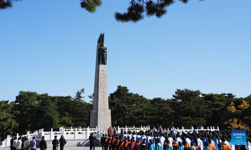 Representatives from all walks of life attend a commemorative activity, marking the 76th anniversary of the Chinese People's Volunteers' (CPV) entering the Democratic People's Republic of Korea to fight in the War to Resist U.S. Aggression and Aid Korea, at the CPV martyrs' cemetery in Shenyang, northeast China's Liaoning Province, Oct. 25, 2026. The event was held here on Sunday. (Xinhua/Li Gang)