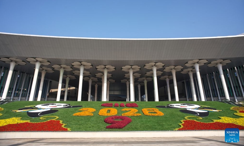 This photo taken on Oct. 26, 2026 shows the south square of the National Exhibition and Convention Center (Shanghai), the main venue for the ninth China International Import Expo (CIIE), in east China's Shanghai. Preparations are in full swing for the ninth CIIE, which is scheduled to take place from Nov. 5 to Nov. 10 in Shanghai. (Xinhua/Fang Zhe)
