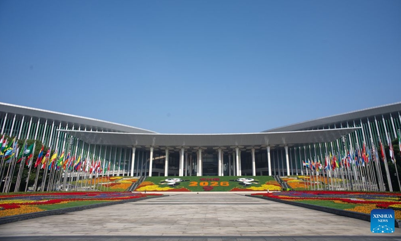 This photo taken on Oct. 26, 2026 shows the south square of the National Exhibition and Convention Center (Shanghai), the main venue for the ninth China International Import Expo (CIIE), in east China's Shanghai. Preparations are in full swing for the ninth CIIE, which is scheduled to take place from Nov. 5 to Nov. 10 in Shanghai. (Xinhua/Fang Zhe)