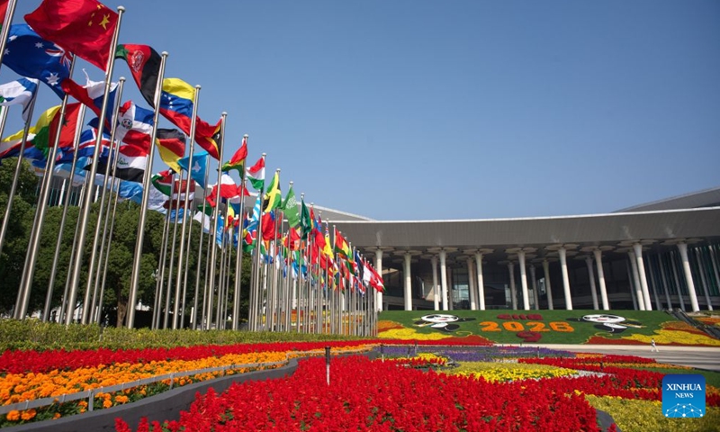This photo taken on Oct. 26, 2026 shows the south square of the National Exhibition and Convention Center (Shanghai), the main venue for the ninth China International Import Expo (CIIE), in east China's Shanghai. Preparations are in full swing for the ninth CIIE, which is scheduled to take place from Nov. 5 to Nov. 10 in Shanghai. (Xinhua/Fang Zhe)