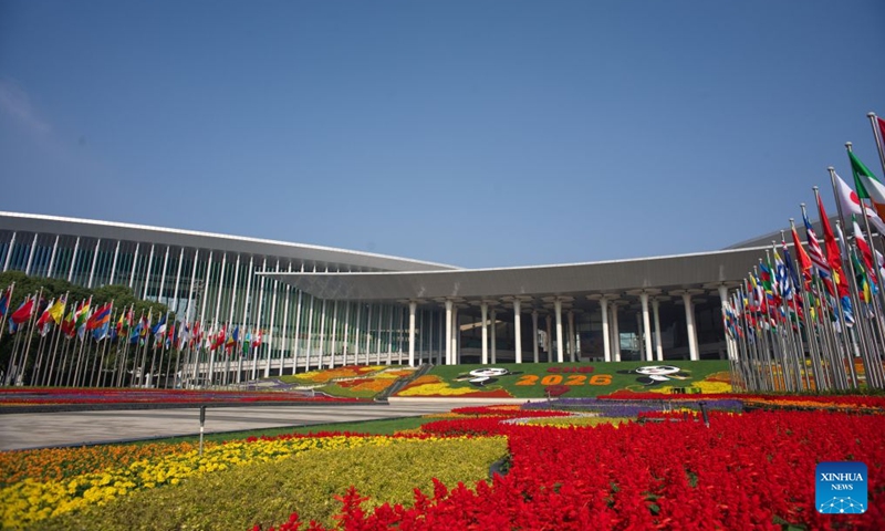 This photo taken on Oct. 26, 2026 shows the south square of the National Exhibition and Convention Center (Shanghai), the main venue for the ninth China International Import Expo (CIIE), in east China's Shanghai. Preparations are in full swing for the ninth CIIE, which is scheduled to take place from Nov. 5 to Nov. 10 in Shanghai. (Xinhua/Fang Zhe)