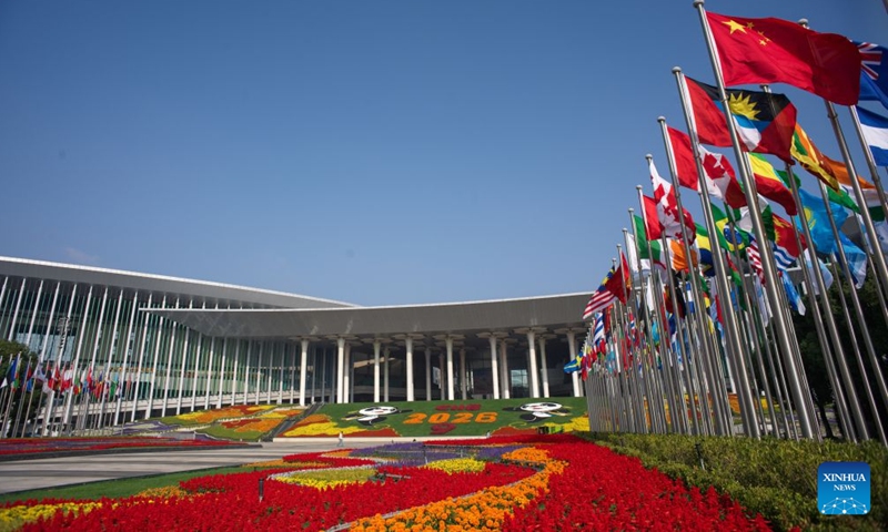 This photo taken on Oct. 26, 2026 shows the south square of the National Exhibition and Convention Center (Shanghai), the main venue for the ninth China International Import Expo (CIIE), in east China's Shanghai. Preparations are in full swing for the ninth CIIE, which is scheduled to take place from Nov. 5 to Nov. 10 in Shanghai. (Xinhua/Fang Zhe)