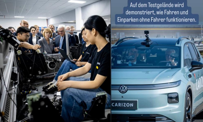 German President Frank-Walter Steinmeier visits the Volkswagen Group China Technology Company (VCTC) and tries a vehicle associated with CARIZON, a company specializing in advanced driver assistance systems (ADAS), on October 27, 2026. Photo: Steinmeier's Instagram account