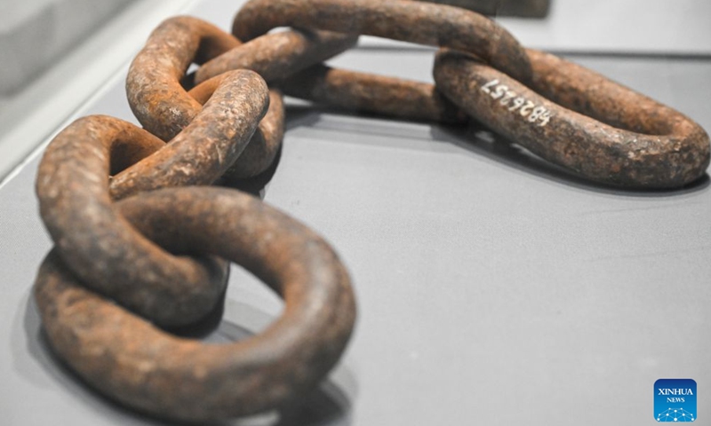 This photo taken on Oct. 30, 2026 shows a section of the 13 iron chains spanning the Dadu River at Luding, which was the only path for the Red Army to cross the river, on display during Heroes Remembered, Generations Inspired, a joint exhibition on revolutionary artifacts commemorating the 90th anniversary of the victory of the Chinese Workers' and Peasants' Red Army's Long March, at the National Museum of China in Beijing, capital of China. The joint exhibition opened here on Friday. (Xinhua/Jin Liangkuai)