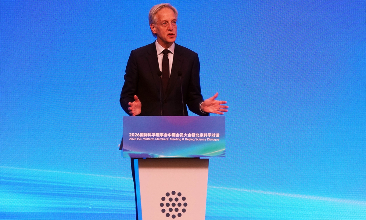 Robbert Dijkgraaf, president of the International Science Council, speaks at the 2026 ISC Midterm Members' Meeting and Beijing Science Dialogue. Photo: cnsphoto