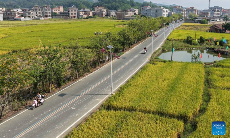A drone photo taken on Oct. 30, 2026 shows a paved road and solar streetlights in Kuilian Village of Xingye County, Yulin City, south China's Guangxi Zhuang Autonomous Region. Since the beginning of this year, Xingye County has been implementing a six improvements program in villages, focusing on the practical improvements in manufacturing, agricultural industry, green space, road access, water facilities, and streetlights. These measures are creating fresh momentum for rural revitalization. (Xinhua/Cao Yiming)

