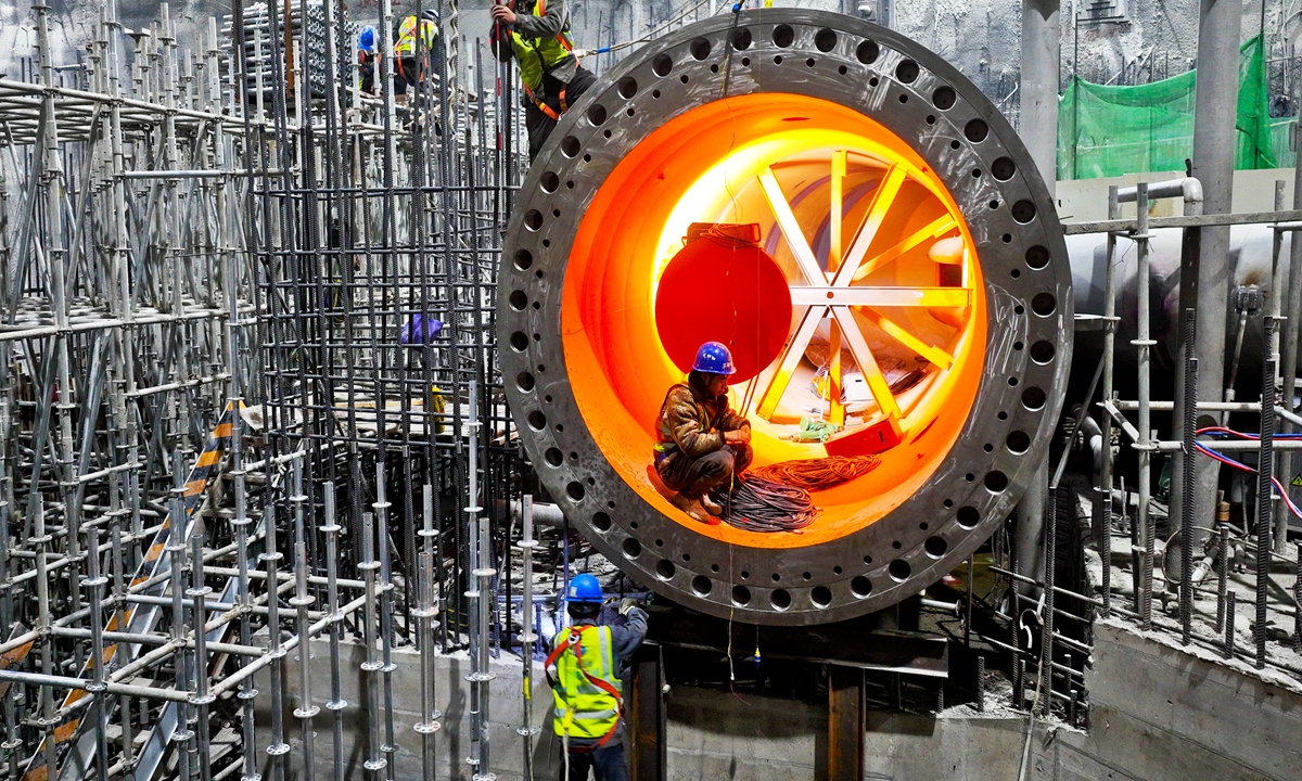 Workers from China Three Gorges Construction Engineering Corp conduct pre-competition training for a labor and skills contest at the construction site of the Pandaoshan Pumped Storage Power Station in Zhangye, Northwest China's Gansu Province on October 29, 2026. Photo: VCG