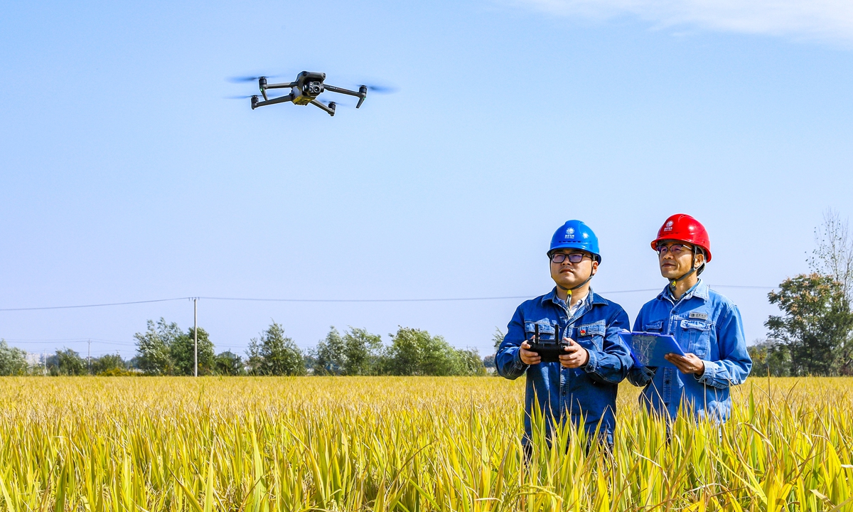 Power workers, with the aid of a drone, inspect agricultural power facilities to prepare for the autumn harvest and sowing in a village in Wuhu, East China's Anhui Province, on October 28, 2026. Services catering to power needs for rice harvesting, drying and other farm work are brought right to farmers' doorsteps to ensure the safe and reliable supply of electricity for agricultural production during the autumn farming season. Photo: VCG