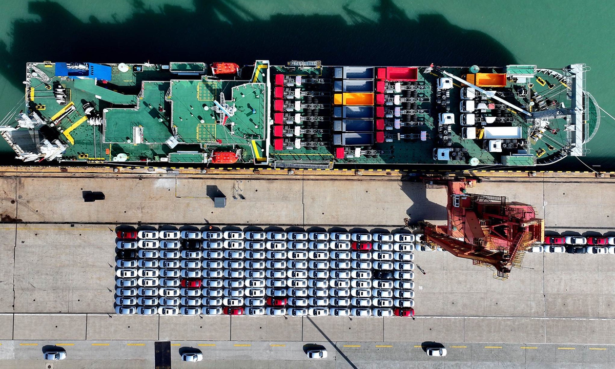 Chinese-made vehicles are loaded onto ships for export at a roll-on/roll-off terminal of the Lianyungang Port in East China's Jiangsu Province on October 30, 2026. The port's vehicle exports rose 15.52 percent year-on-year in the first three quarters as it optimized shipping routes and improved operating efficiency. Photo: VCG